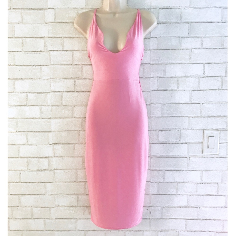 Pink Plunge Neck Midi Dress - Slinky Dress